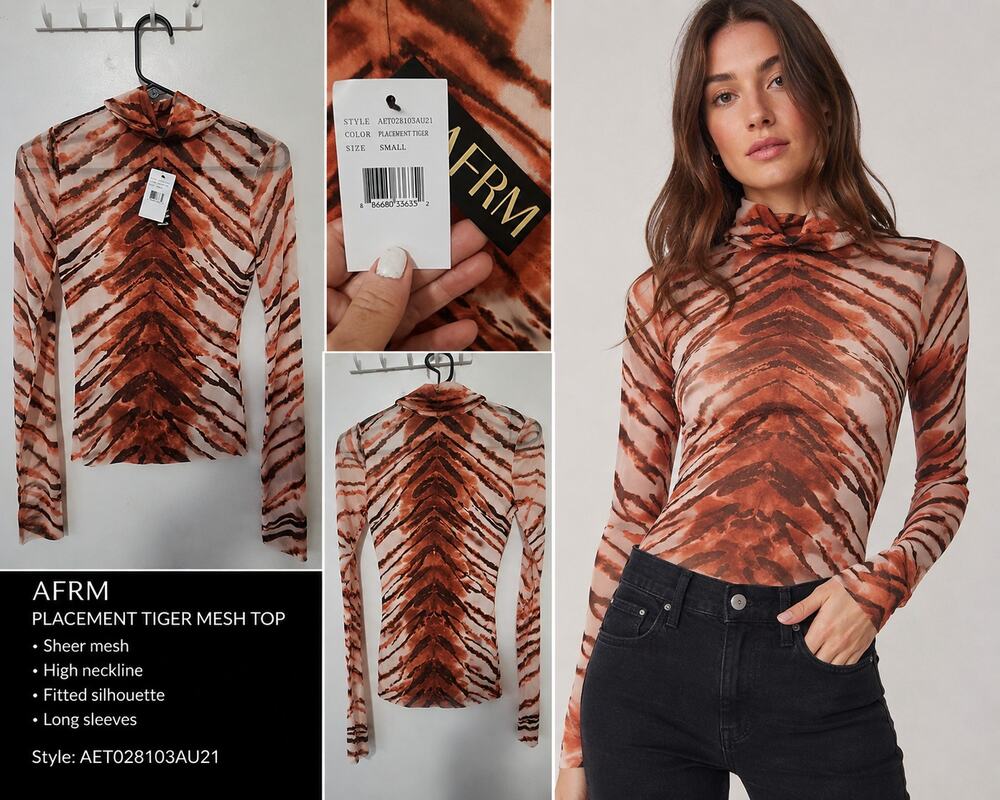 AFRM Zadie Mesh Turtleneck Top Placement Tiger XS NWT